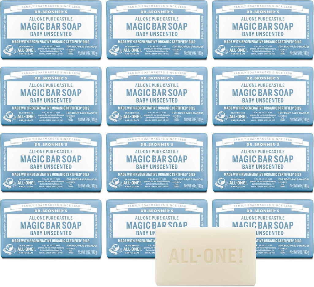 Dr. Bronner's Pure-Castile Bar Soap, Baby Unscented, 5 oz, 2-Pack