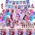 140Pcs K Pop Demon Hunters Birthday Decorations, 71"x43" Tablecloth, 60"x40" Backdrop, Banners, Balloons, Cake Toppers, Dinner Plates, Napkins, Cups, Forks, Knives, Straws, Complete Party Set