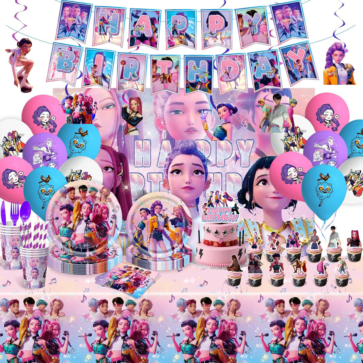 140Pcs K Pop Demon Hunters Birthday Decorations, 71"x43" Tablecloth, 60"x40" Backdrop, Banners, Balloons, Cake Toppers, Dinner Plates, Napkins, Cups, Forks, Knives, Straws, Complete Party Set