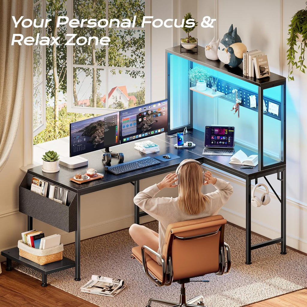 PRAISUN L Shaped Gaming Desk with LED Lights & Power Outlets