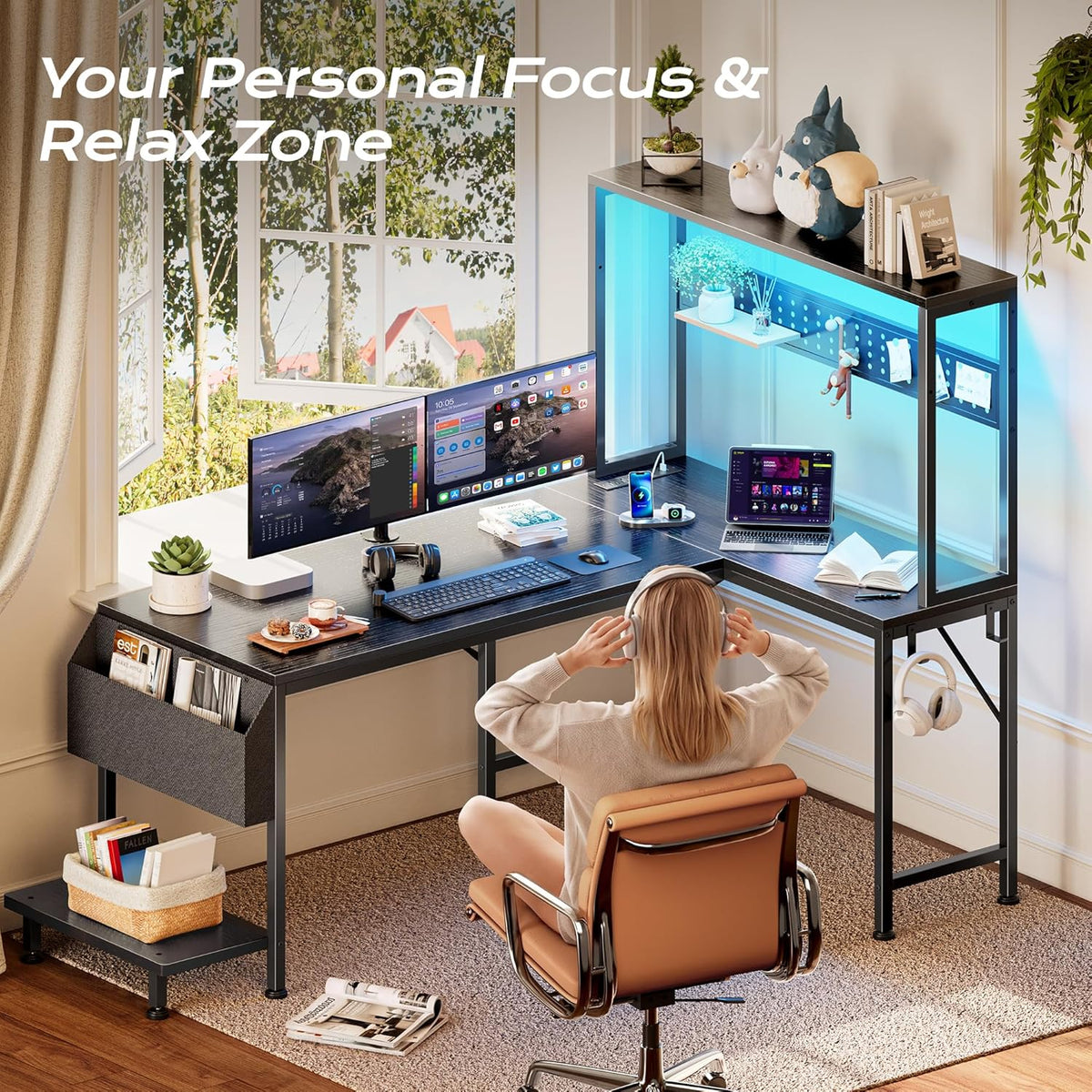 PRAISUN L Shaped Gaming Desk with LED Lights & Power Outlets