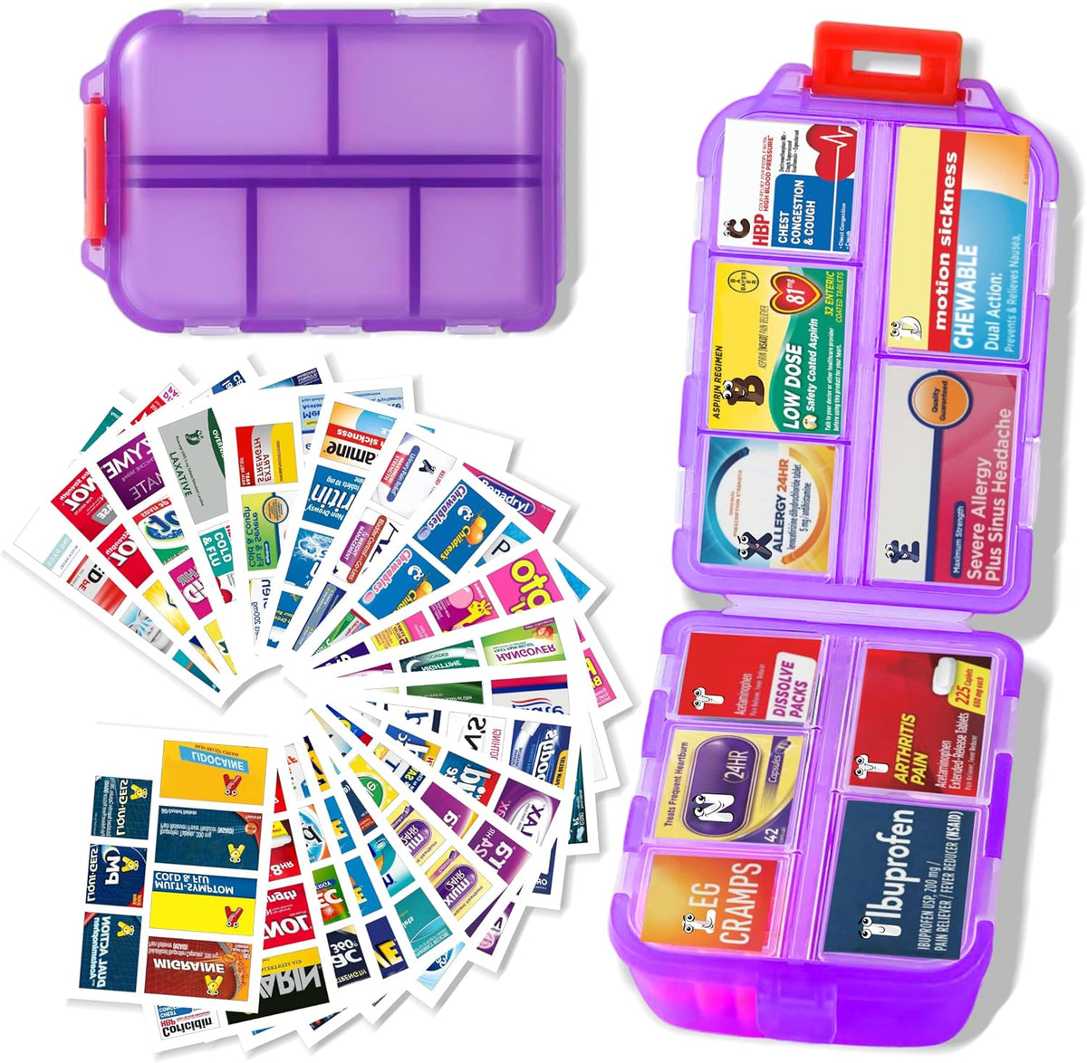 Pill Organizer with 161 Medicine Labels, Daily Travel Pill Case (Pink)