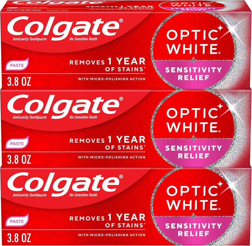 Colgate Optic White Sensitivity Relief Whitening Toothpaste, 3 Pack, 3.8oz