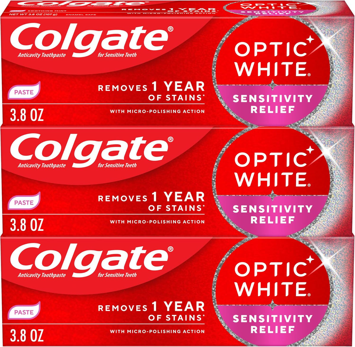 Colgate Optic White Sensitivity Relief Whitening Toothpaste, 3 Pack, 3.8oz