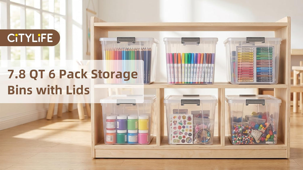 Citylife 6Packs 7.8Qt Plastic Storage Bins with Lids, Clear Organizer