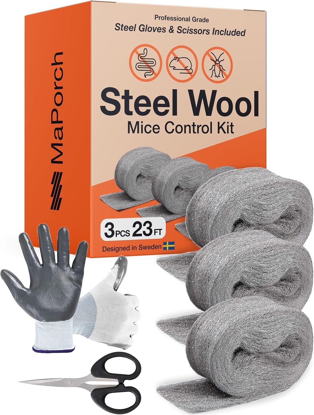 Steel Wool Mice Control 3-pc, Mouse Hole Filler, Scissors & Gloves, MaPorch