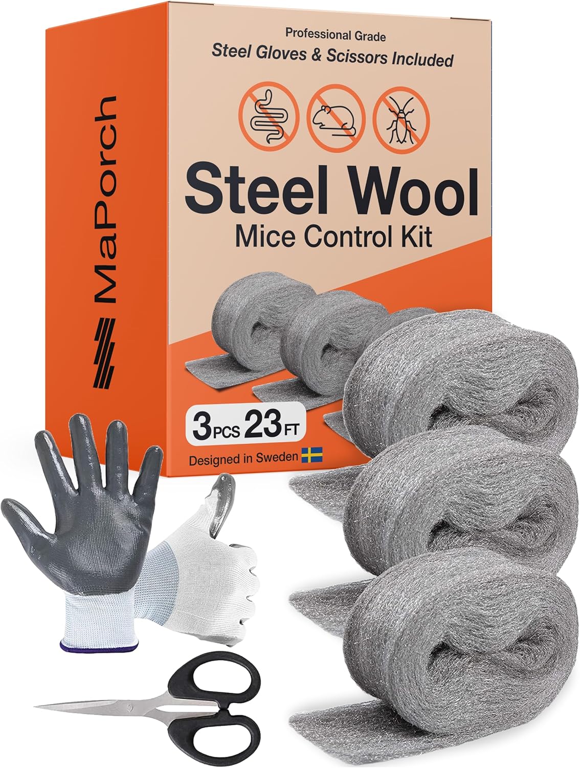 Steel Wool Mice Control 3-pc, Mouse Hole Filler, Scissors & Gloves, MaPorch