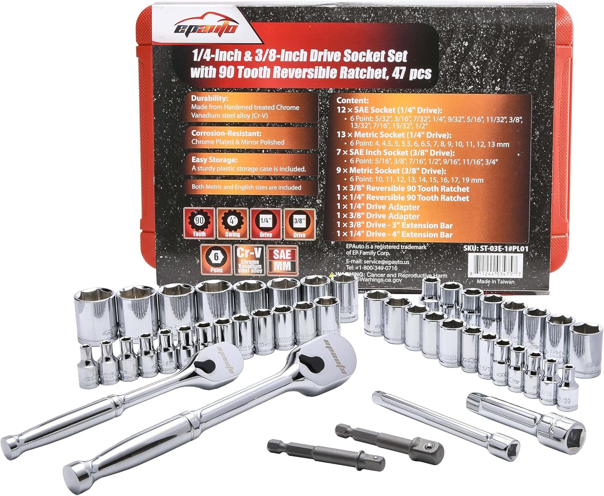 EPAuto 40 Pieces 1/4-Inch & 3/8-Inch Drive Socket Set, 72 Tooth Ratchet