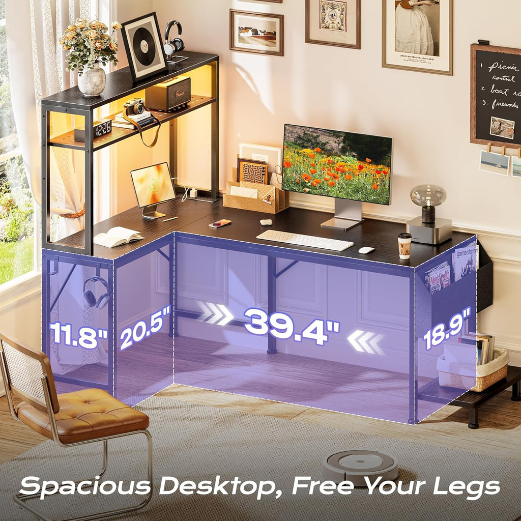 PRAISUN L Shaped Gaming Desk with LED Lights & Power Outlets