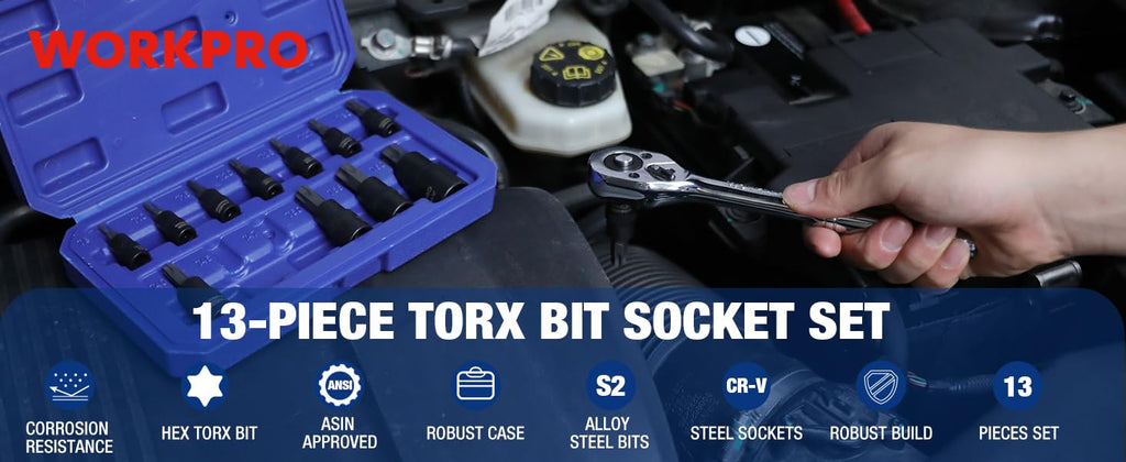 WORKPRO Torx Bit Socket Set, Premium S2 Bits & CR-V Sockets,13-Piece T8-T60