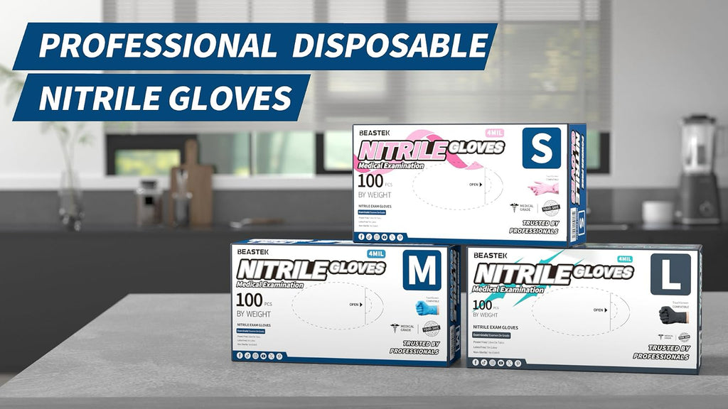 BEASTEK Medical Nitrile Exam Gloves Disposable Powder-Free, 4 Mil 100 Count