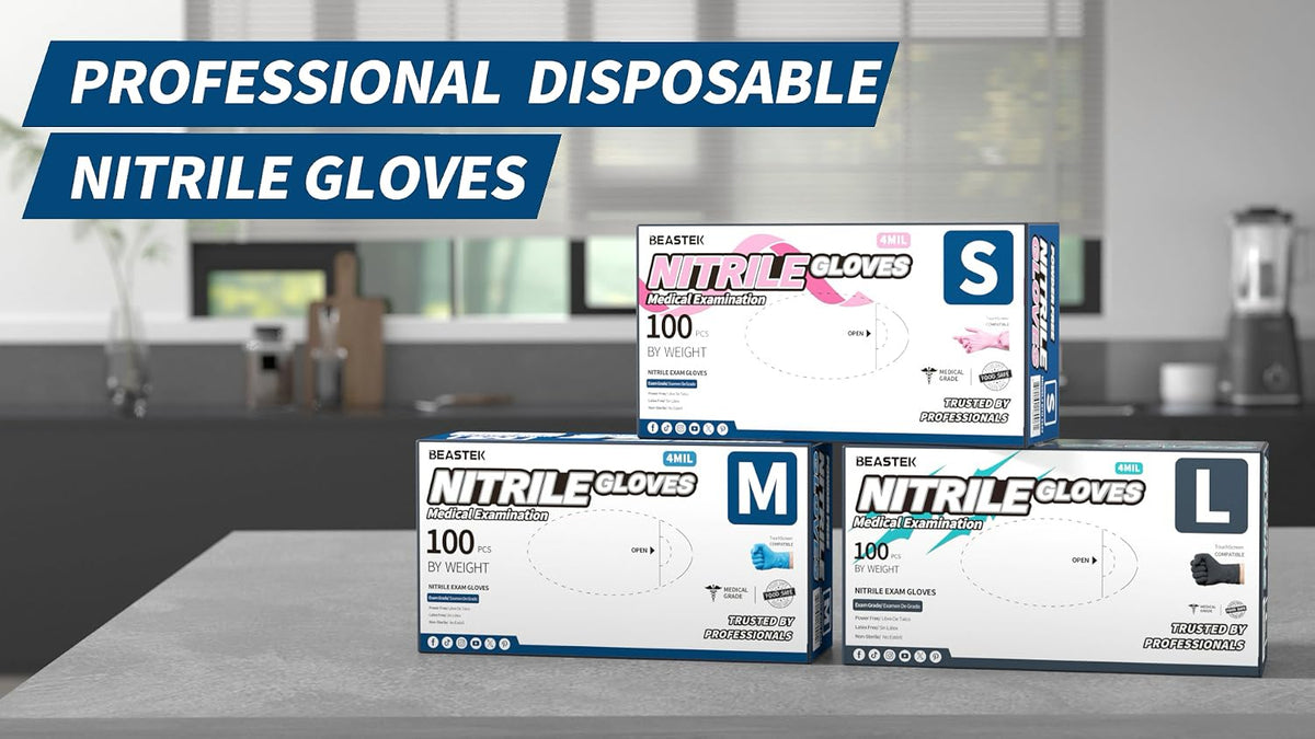 BEASTEK Medical Nitrile Exam Gloves Disposable Powder-Free, 4 Mil 100 Count