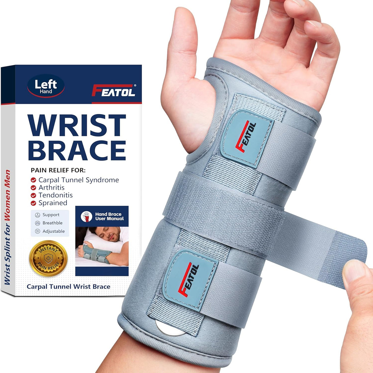 FEATOL Carpal Tunnel Wrist Brace Night Support, Adjustable Right Hand Brace