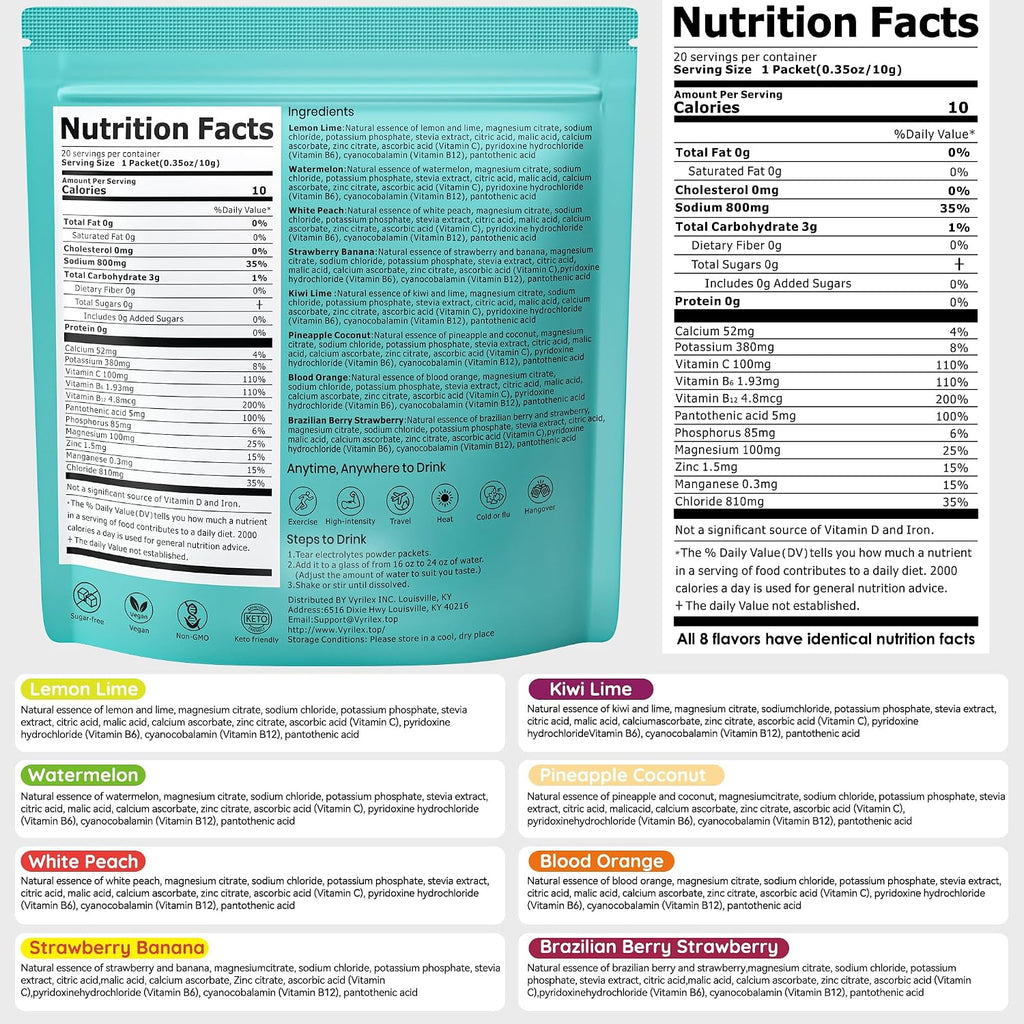20Sticks Sugar Free Electrolyte Powder Packets 8 Flavors Liquid Daily IV Hydration Drink Mix with Minerals & Vitamins – High Sodium, Zero Sugar Electrolytes Formula for Fast Rehydration