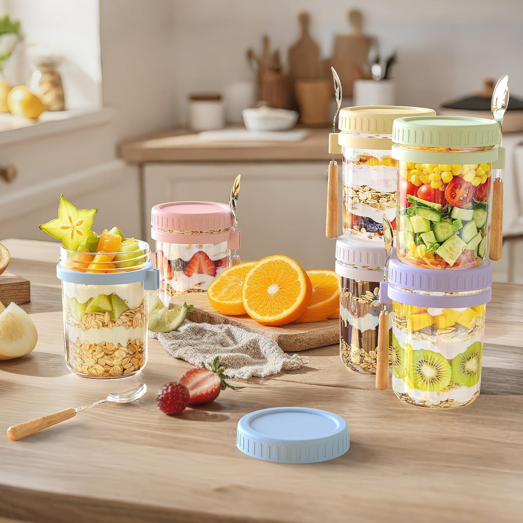 16oz Glass Overnight Oats Containers with Lids & Spoons, 4 Pack MultiColor