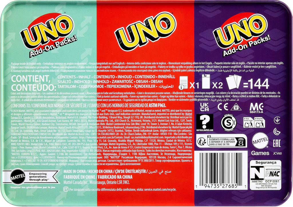 Mattel Games UNO Card Game with 2 Add On Packs with Storage Tin
