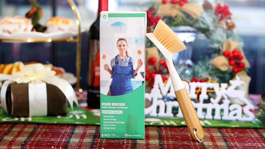 2 Pack Kitchen Dish Brush Bamboo Handle Dish Scrubber Built-in Scraper