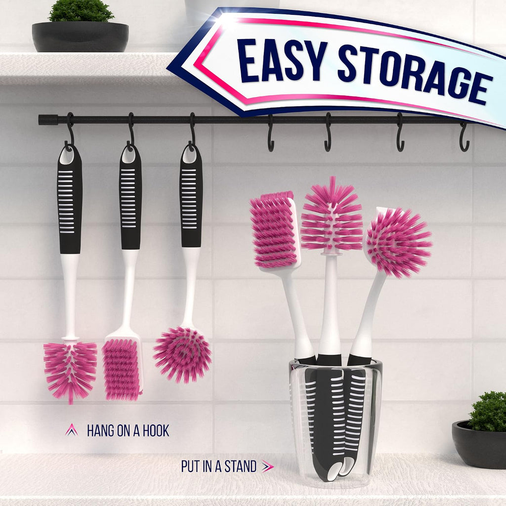 Dish Brush Set of 4 - Kitchen Scrub Brushes with Non-Slip Long Handle for Cleaning, Scrubber, Dishwashing, Dishes, Bottles, Straws, Cups, Pots & Sink, Black