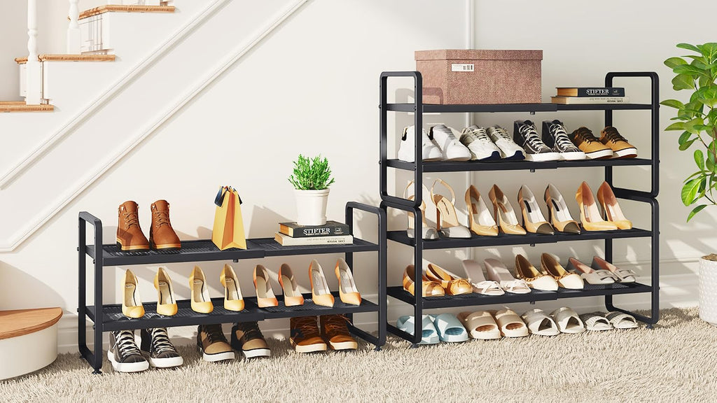 SAYZH Expandable Shoe Rack for Closet, Adjustable Metal Shoe Organizer with Sturdy Mesh Shelves for Boots & Heels, Stackable Shoe Storage for Entryway, Garage, Small Spaces (Black, 2-Tier)