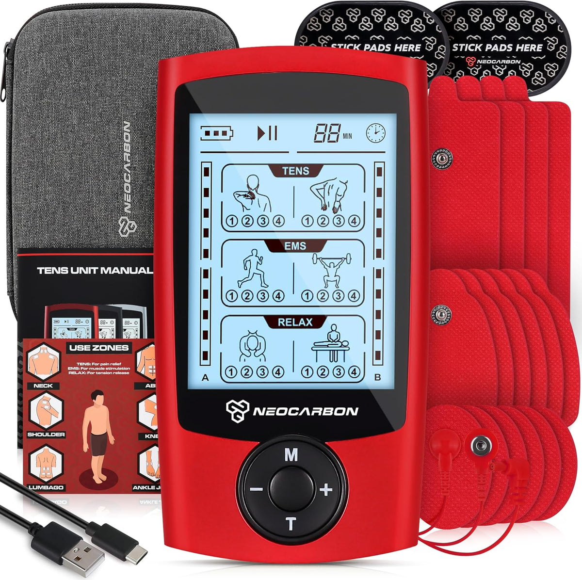 NEOCARBON TENS Unit Muscle Stimulator, Pulse Massager Machine, Red