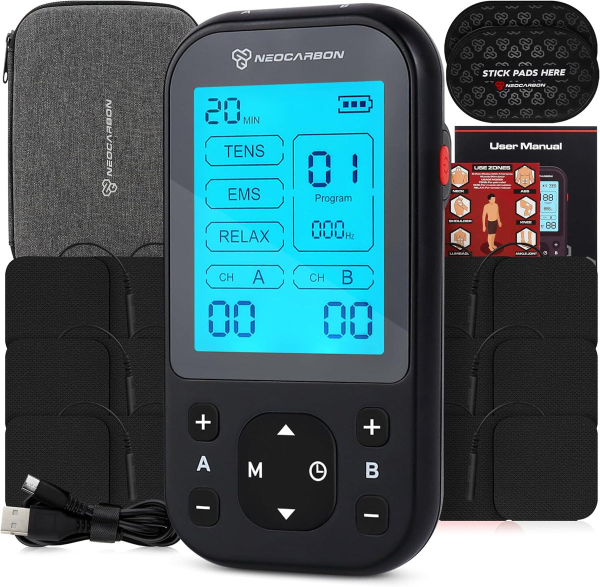 NEOCARBON TENS Unit Muscle Stimulator Pro for Back Pain Relief, Red