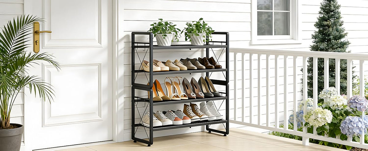 ELYKEN Expandable Shoe Rack for Closet, 2-Tier Metal Black Shoe Organizer