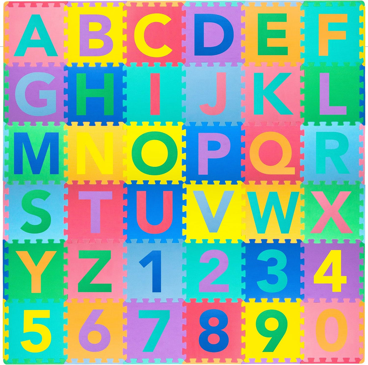ProSource Kids Puzzle Alphabet, Numbers, 36 Tiles and Edges Play Mat, 12" by 12", Abc & 123