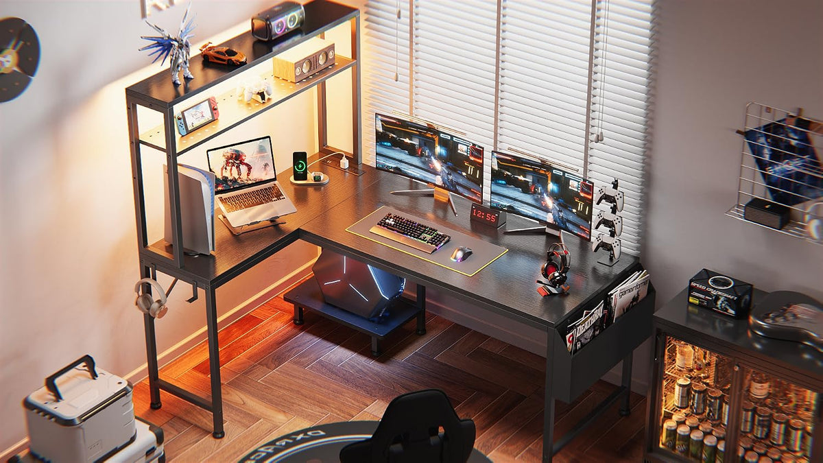 PRAISUN L Shaped Gaming Desk with LED Lights & Power Outlets