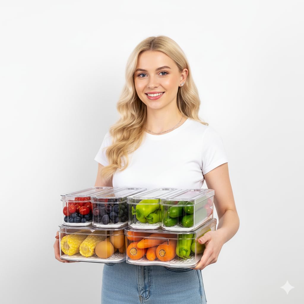 SMRCAD 6 Pack Clear Fridge Organizer Bins with Drain Trays - Stackable