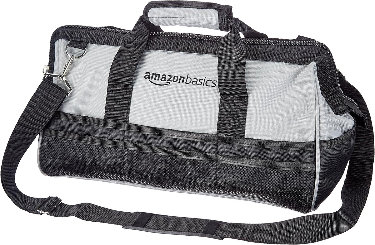 Amazon Basics Durable Wear-Resistant Tool Storage Bag with Adjustable Shoulder Strap, Portable Tool Organizer, 16 Pockets, 12 in, Black & Gray