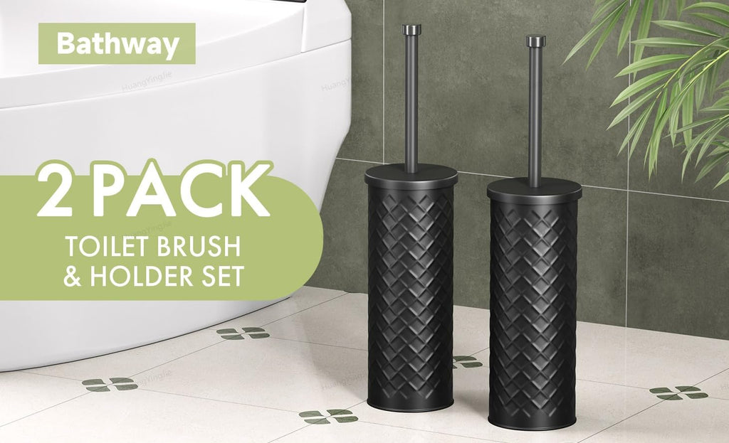 Toilet Bowl Brush and Holder Set 2 Pack with 4 Extra Brush Heads (Black)