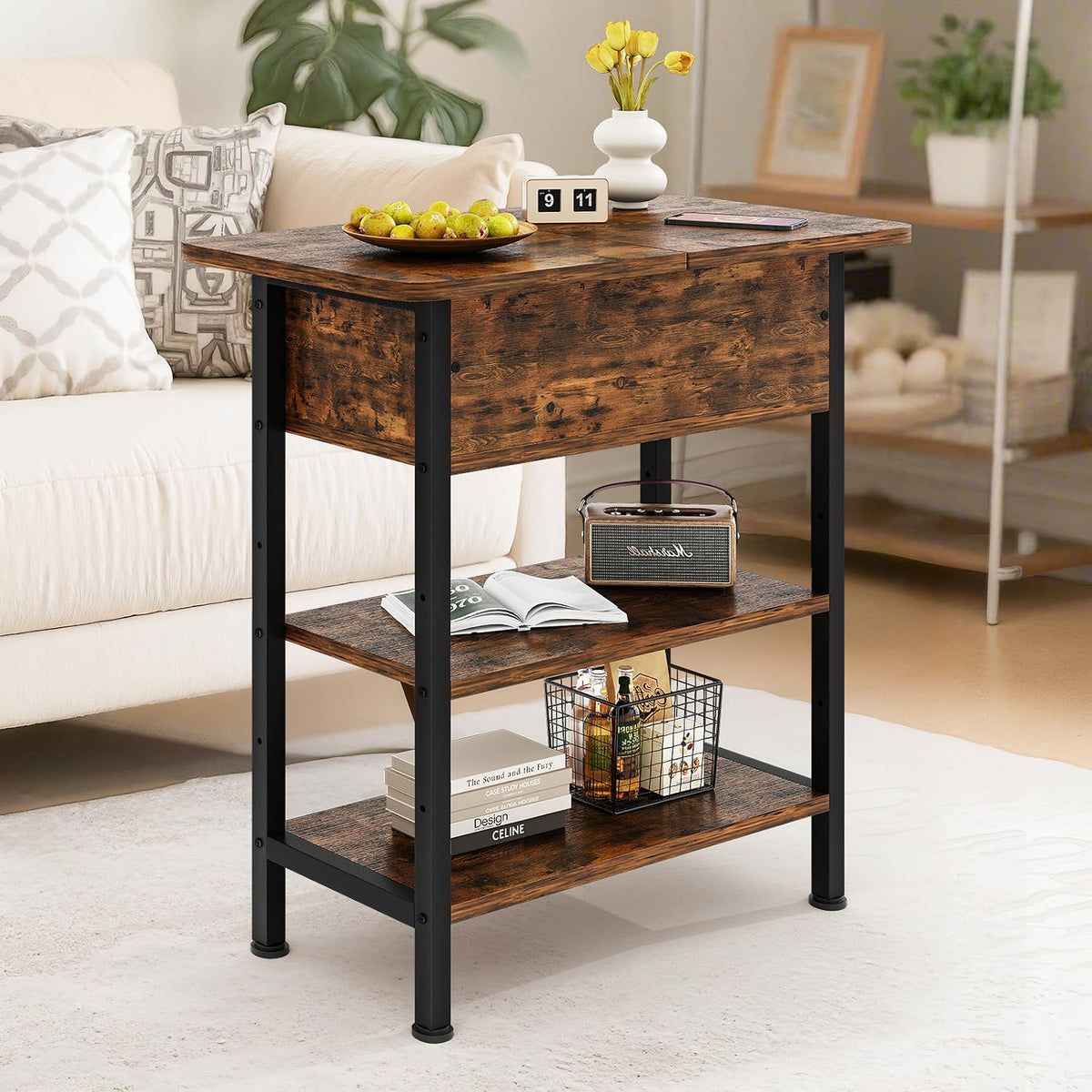 GRUSIGN End Table with Charging Station, Flip Top Side Table with USB Ports and Outlets, 3-Tier Small Side Table with Storage for Small Space, End Tables for Living Room/Bedroom, Rustic Brown