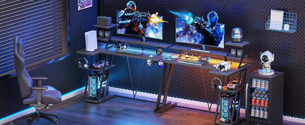 Korfile 40 Inch Gaming Desk with LED & Power Outlet, Carbon Fiber Black