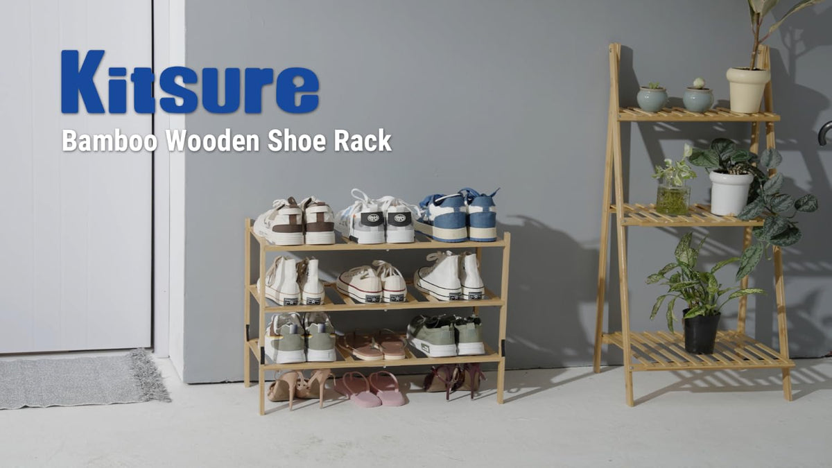 Kitsure Bamboo Wooden Shoe Rack for Closet, 26.8" Wide - 3 Tiers, Natural