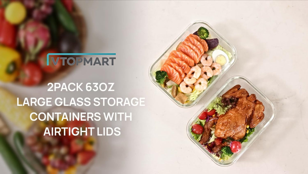 Vtopmart 2Pack 1860ml/63oz Large Glass Storage Containers With Lids, Grey