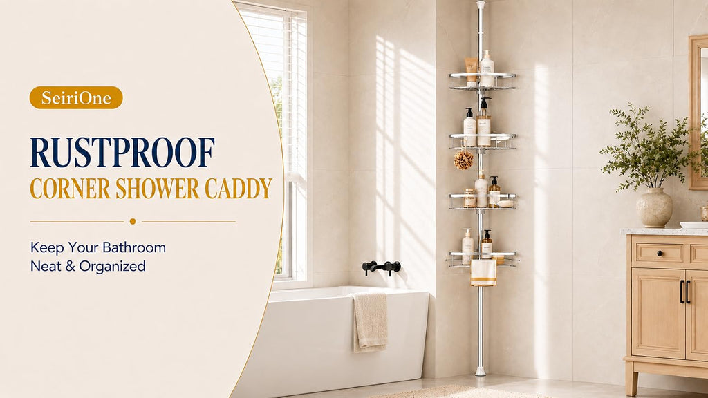 SEIRIONE Rustproof Corner Shower Caddy Tension Pole for Bathroom Organizers