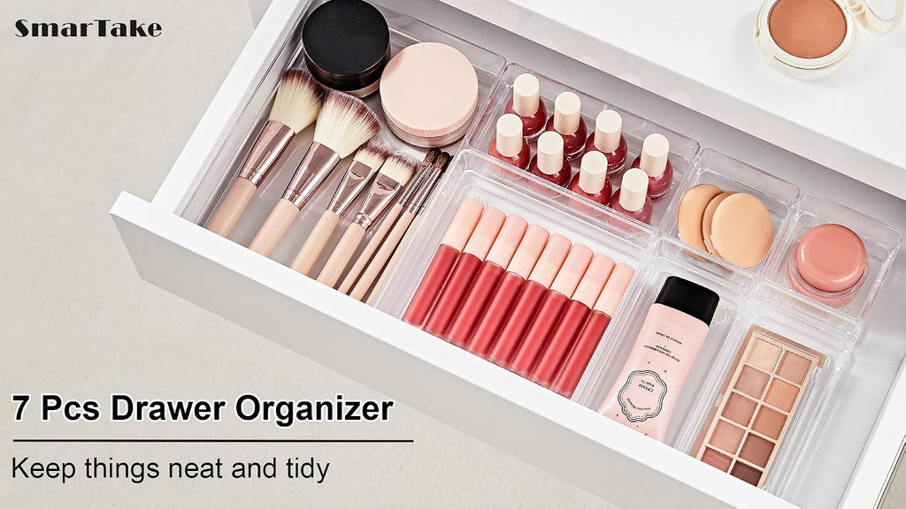 SMARTAKE 7 PCS Drawer Organizer, 4-Size Desk Drawer Organizer Trays