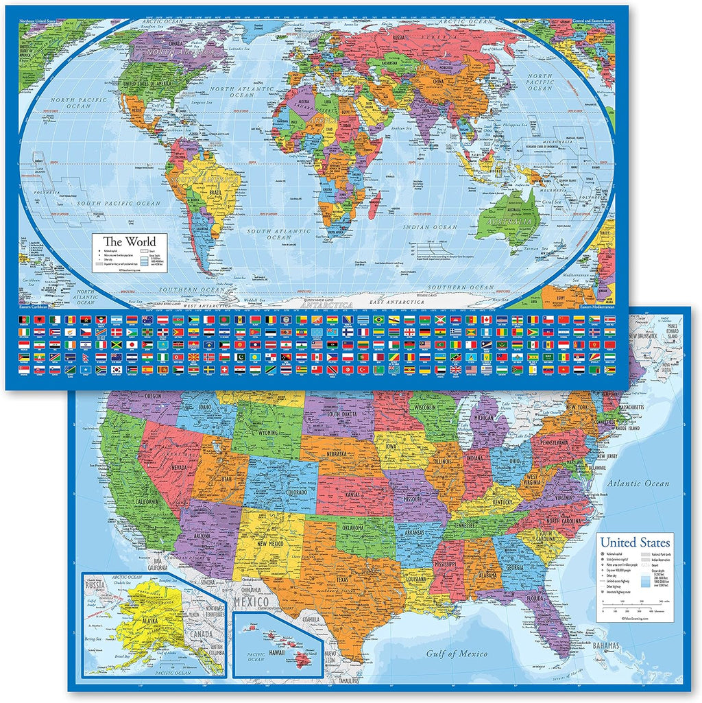 2 Pack - Laminated World Map Poster & USA Map Set - Equal Earth world map design shows continents at true relative size - US Map 18” x 29”