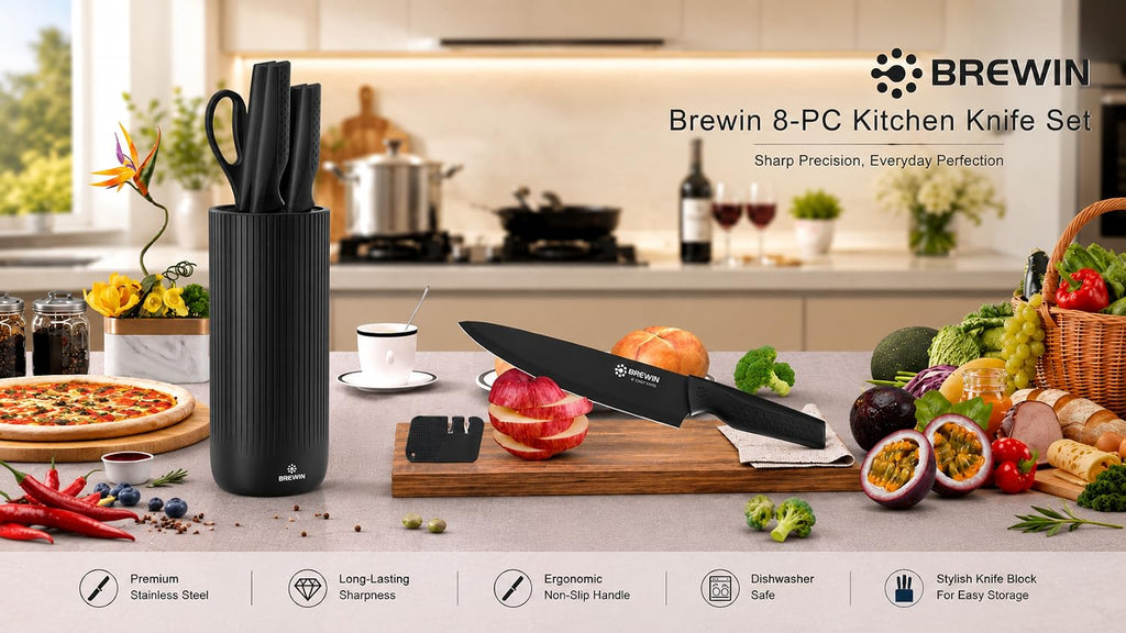 Knife Set, Brewin Kitchen Knife Set, Knives Set for Kitchen, Universal Knife Block, Utility Knife Block Set, New Home Essentials, Apartment Essentials, Camping Essentials, RV Essentials