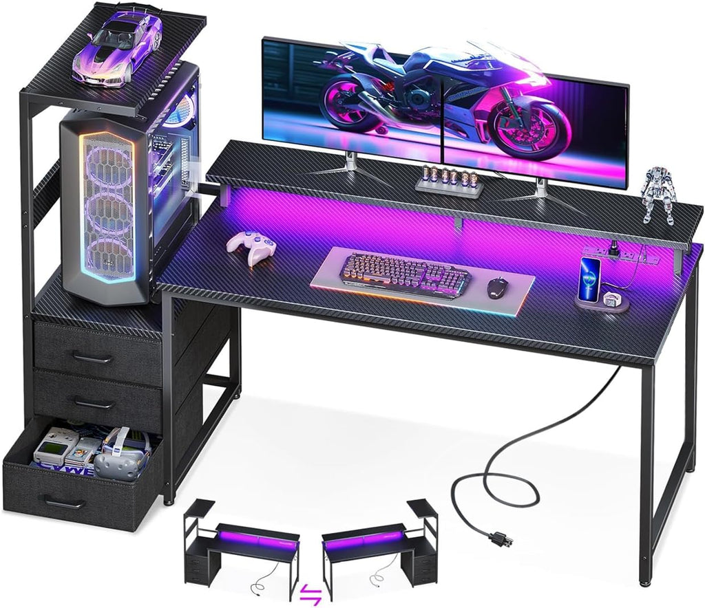 AODK Gaming Desk w/PC Showcase Stand, 59" Reversible, RGB LED