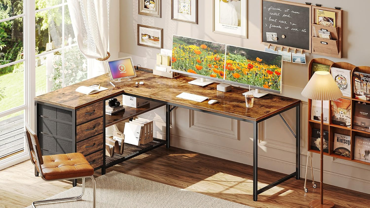 PRAISUN 61" L Shaped Desk with Power Outlets & 4 Drawers