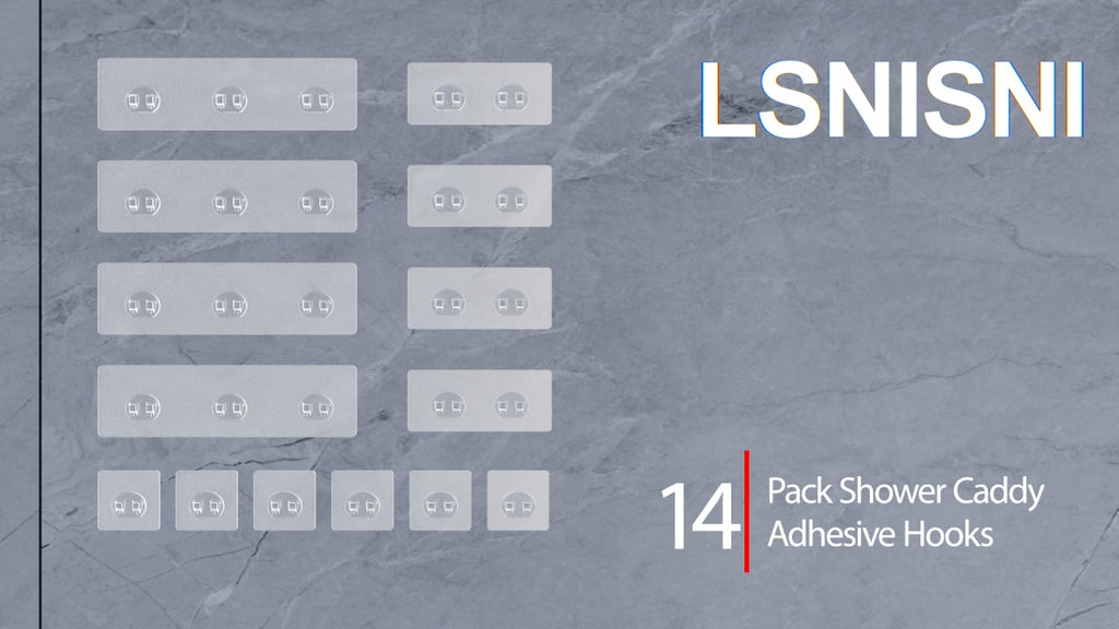 14 Pack Shower Caddy Adhesive Replacement, Strong Adhesive Hooks, Waterproof Shower Adhesive Strips, No Drilling, for Bathroom Storage Shelves and Kitchen Racks