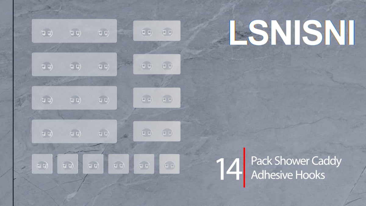14 Pack Shower Caddy Adhesive Replacement, Strong Adhesive Hooks, Waterproof Shower Adhesive Strips, No Drilling, for Bathroom Storage Shelves and Kitchen Racks