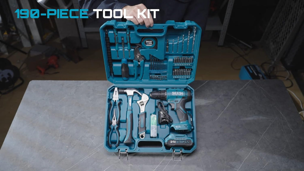 Seesii 21V Power Drill Set, 190Pcs Tool Kit with Toolbox for Home DIY