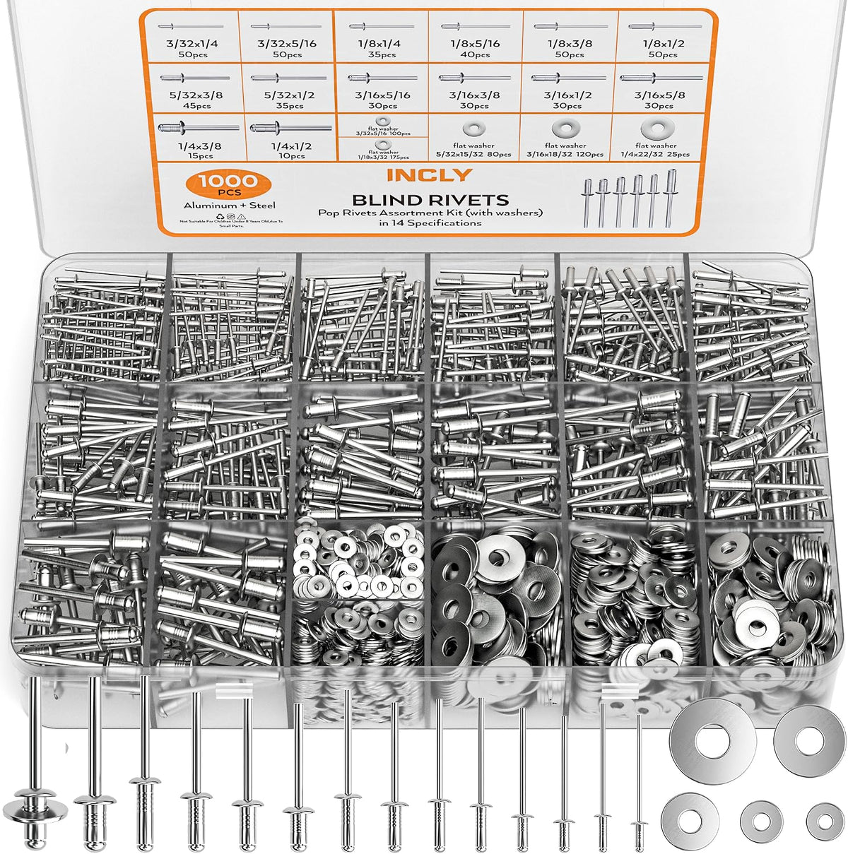 INCLY 1000PCS Aluminum Pop Rivets Assortment Kit with Washers