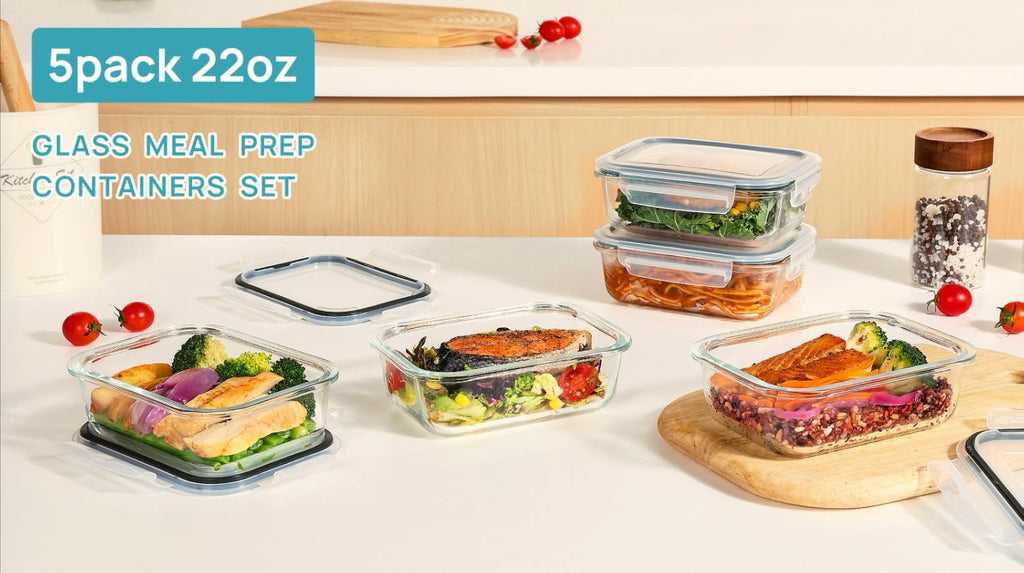 Vtopmart 5Pack 22oz Glass Storage Containers with Lids, Grey